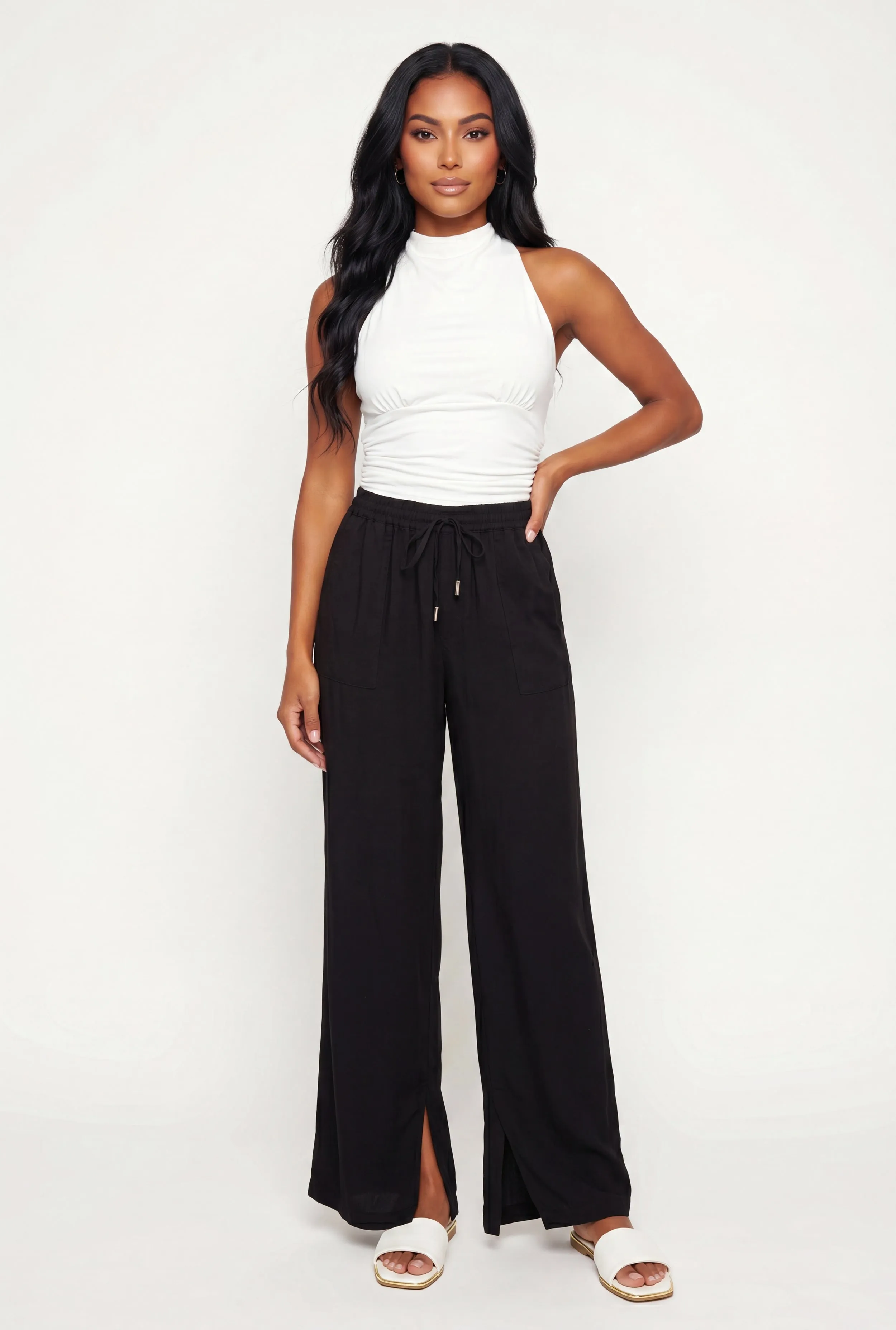 Drawstring Waist Side Slit Wide Leg Pants sold by Rainbow