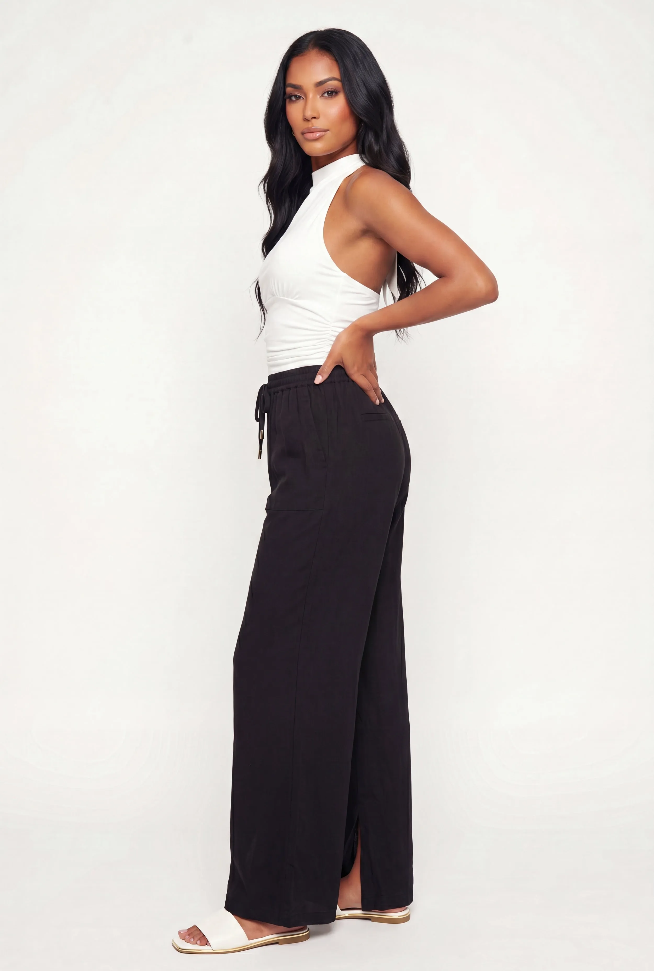 Drawstring Waist Side Slit Wide Leg Pants sold by Rainbow product image thumbnail 2