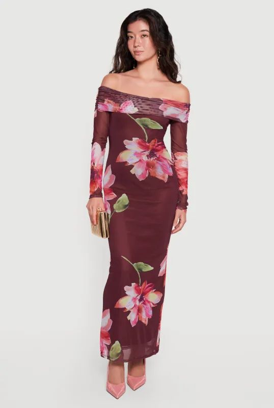 Floral Mesh Off The Shoulder Maxi Dress made by Almost Famous