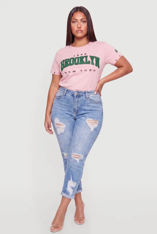 Plus Size Grommet Detail Brooklyn Graphic Tee made by Rainbow