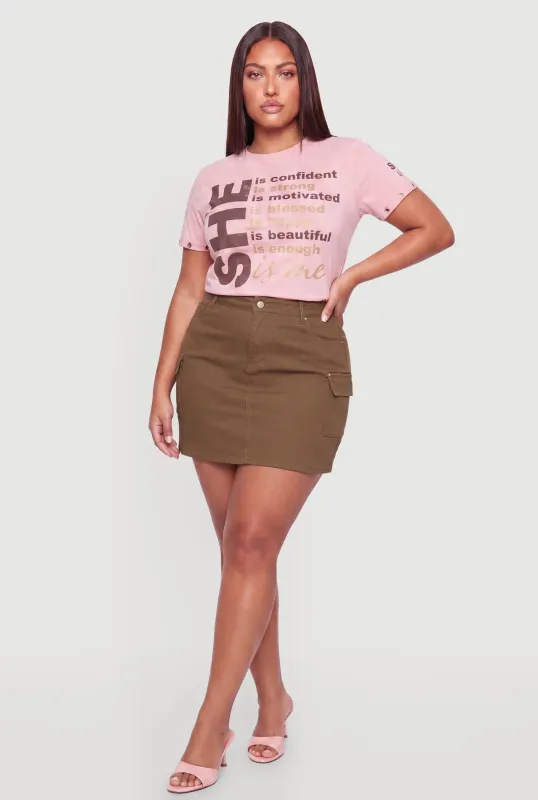 Plus Size Grommet Detail She Is Me Graphic Acid Wash Tee made by Rainbow
