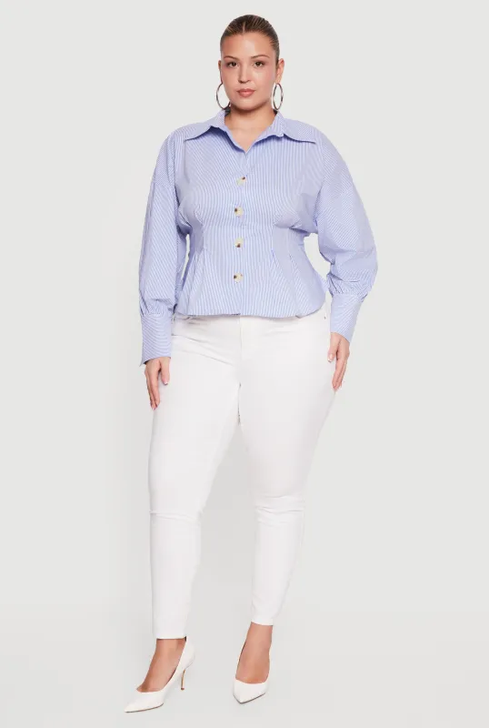 Plus Size Pinstripe Drop Shoulder Pleated Blouse made by Rainbow