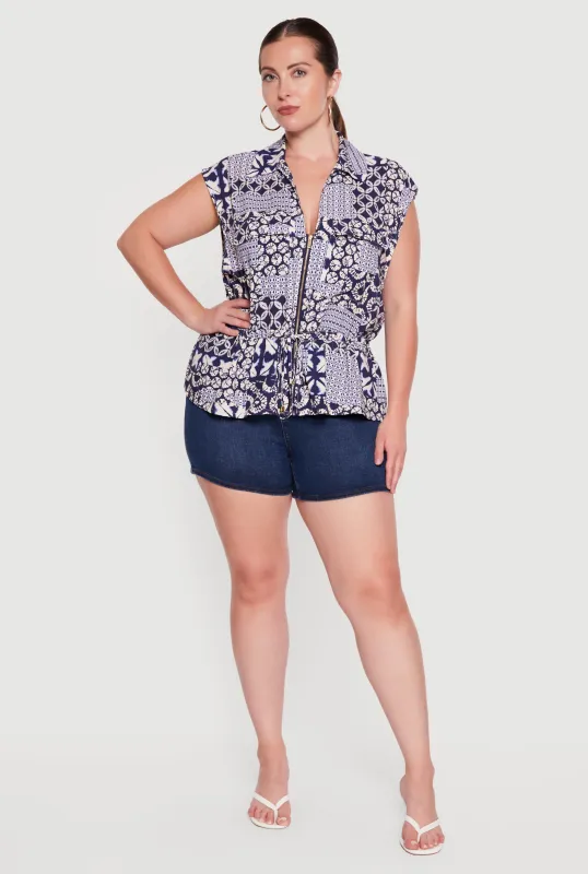 Plus Size Zip Front Drawstring Waist Cap Sleeve Blouse made by Rainbow