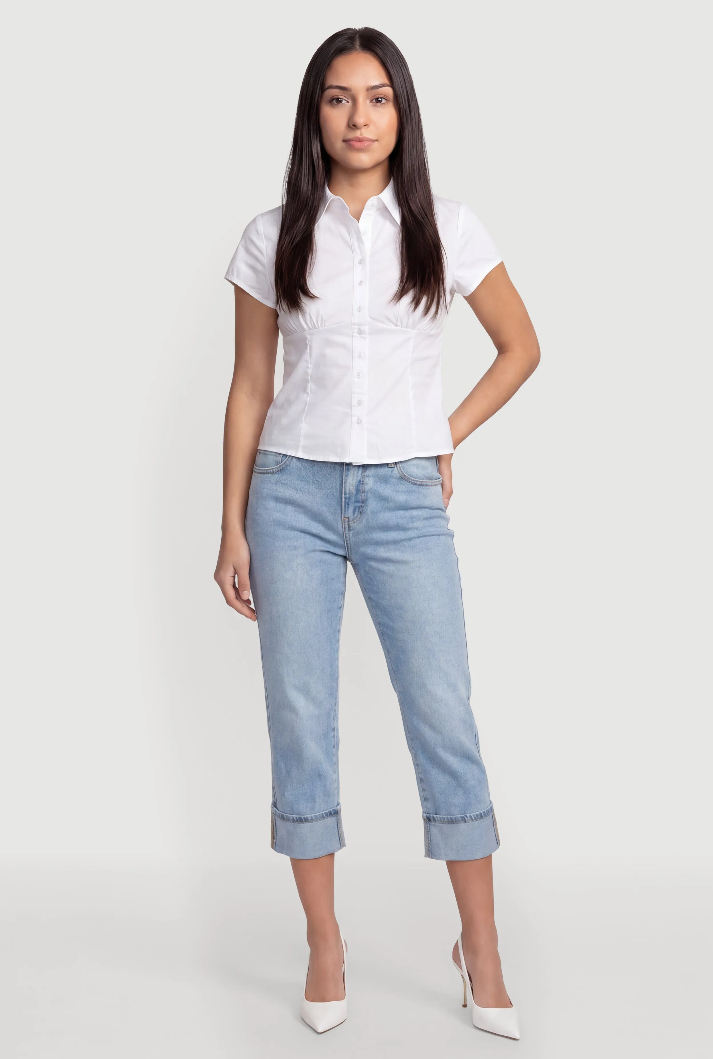 Button Front Short Sleeve Pleated Shirt sold by Rainbow