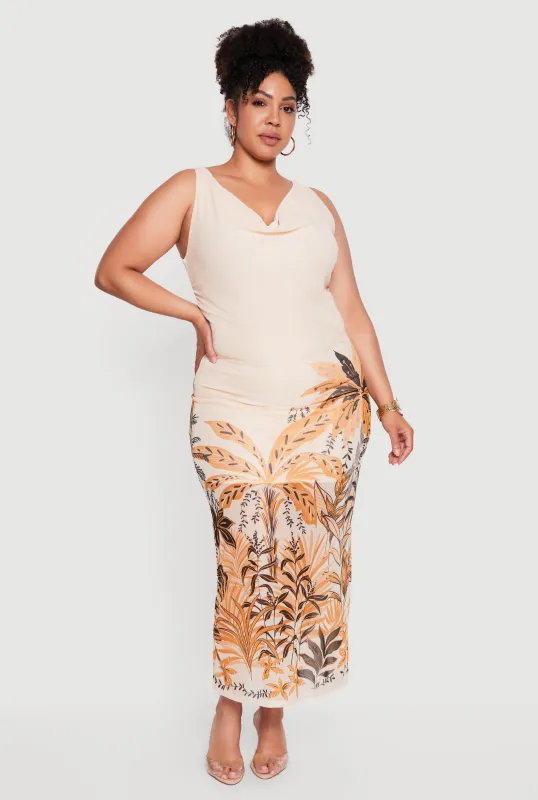 Plus Size Leaf Print Cowl Neck Maxi Dress made by Rainbow