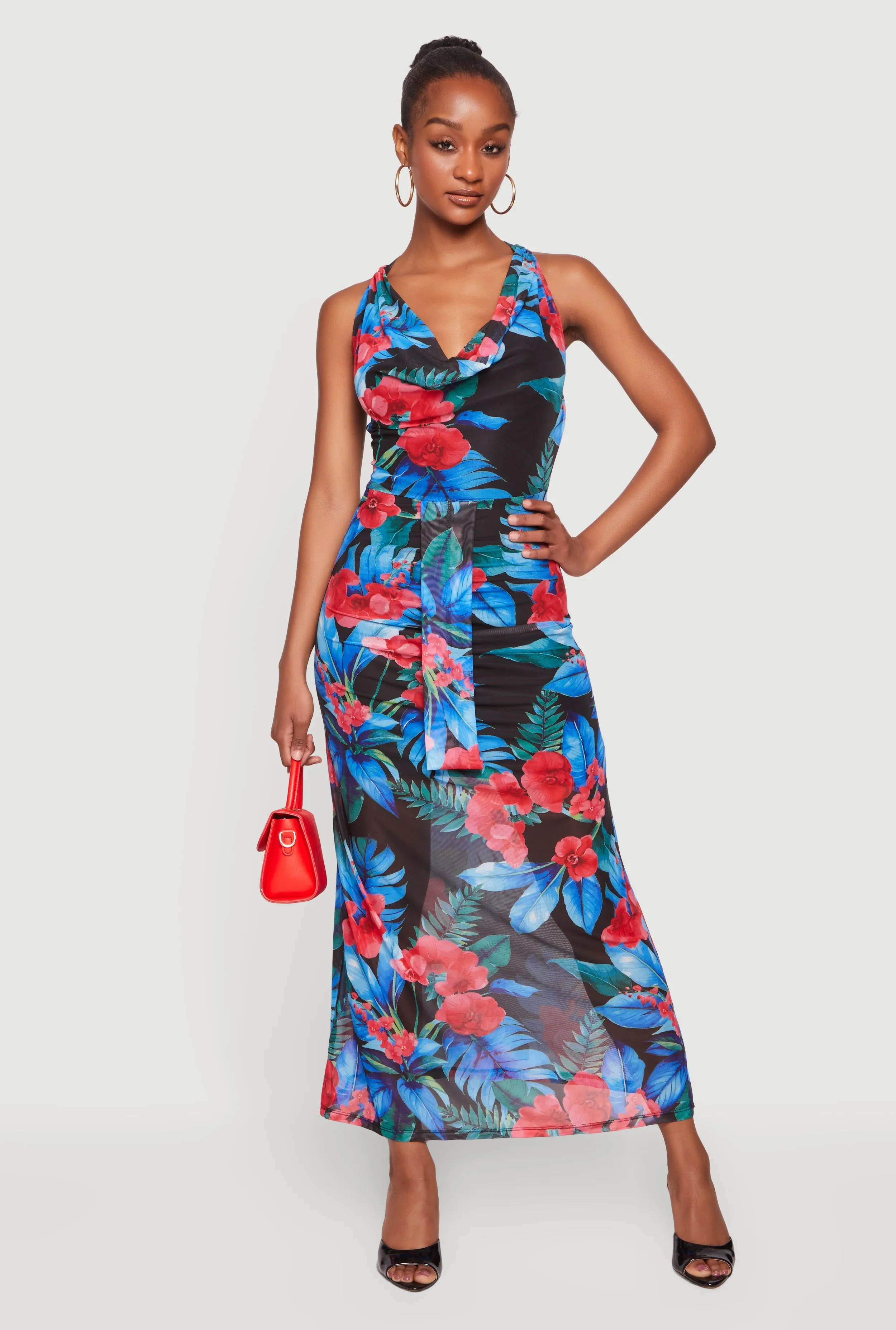 Floral Print Mesh Tie Back Cowl Halter Neck Maxi Dress sold by Rainbow