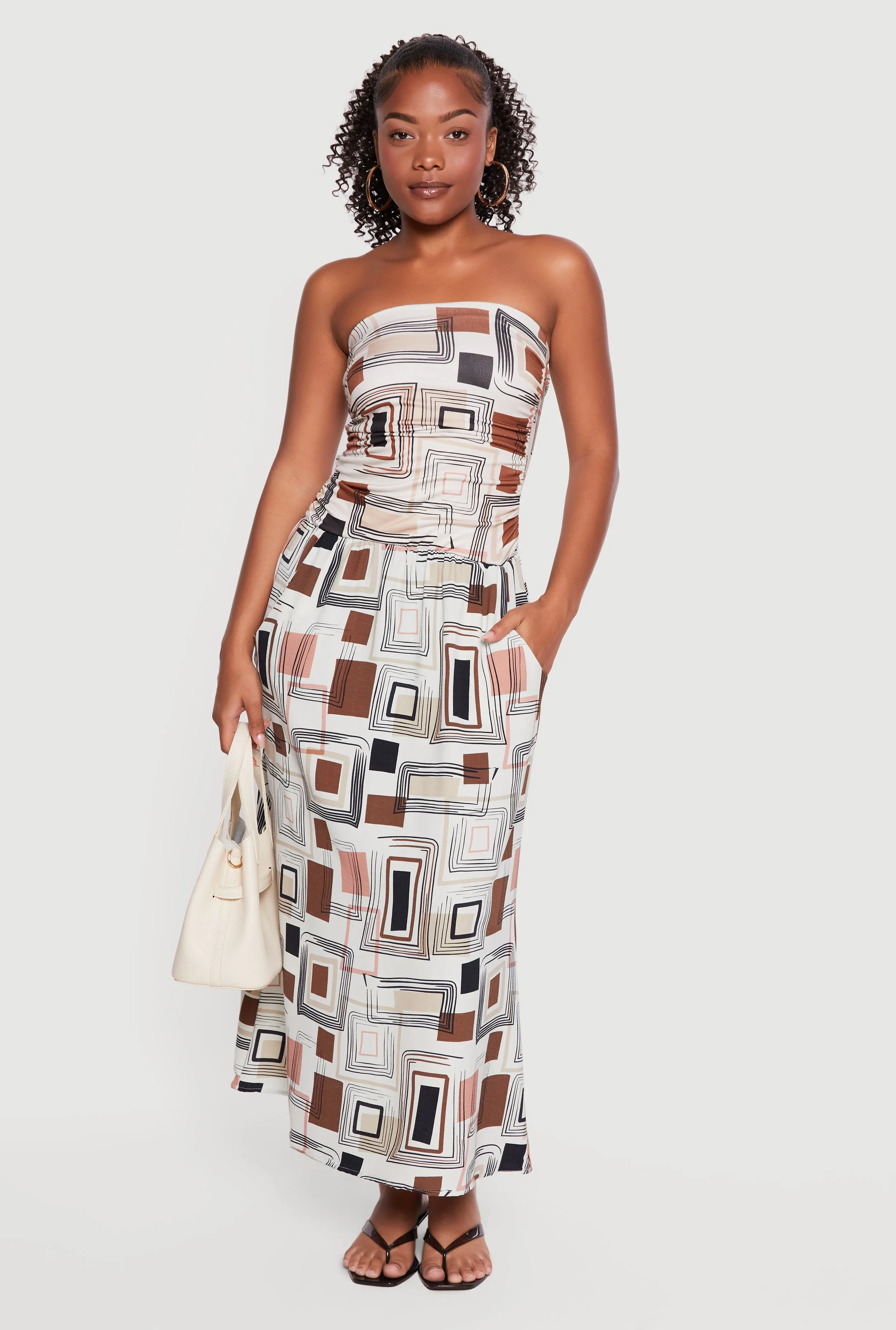 Geometric Print Side Ruched Tube Dress with Pockets sold by Rainbow