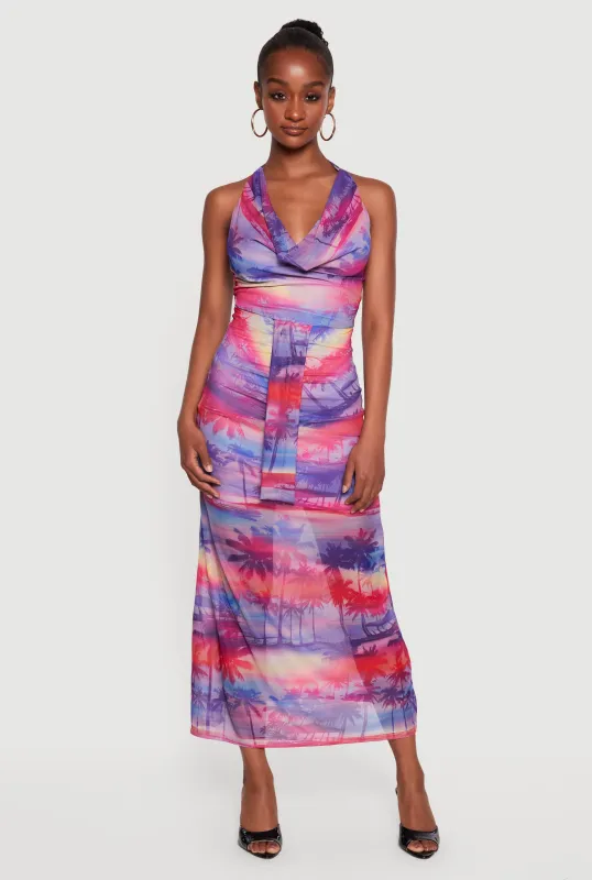 Palm Tree Print Mesh Tie Back Cowl Halter Neck Maxi Dress made by Rainbow