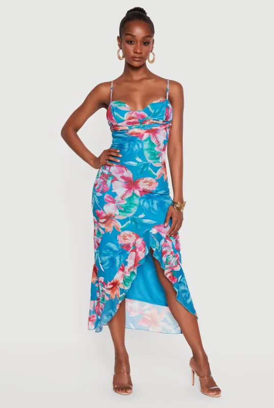 Floral Ruffle Trim Side Ruched Bustier Dress made by Rainbow