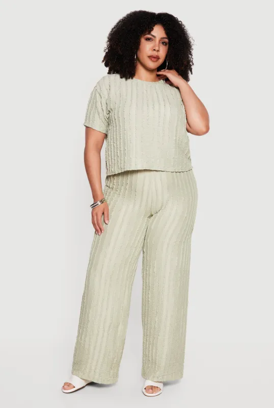 Plus Size Textured Knit High Waisted Wide Leg Casual Pants made by Rainbow