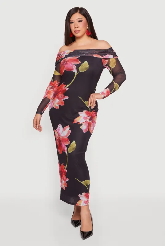 Plus Size Floral Long Sleeve Mesh Off The Shoulder Dress made by Almost Famous