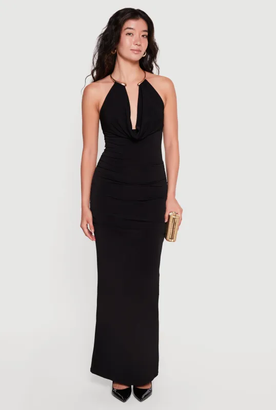 Metallic O Ring Cowl Halter Neck Maxi Dress made by Rainbow