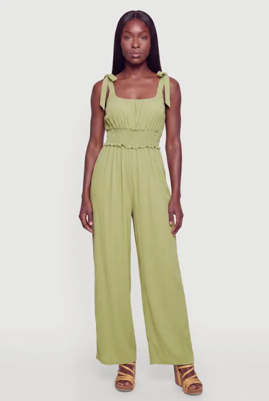 Smocked Waist Sleeveless Tie Shoulder Jumpsuit made by Rainbow