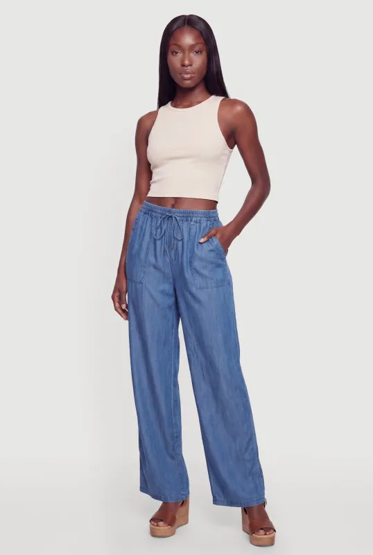 Drawstring Waist Side Slit Wide Leg Pants made by Rainbow