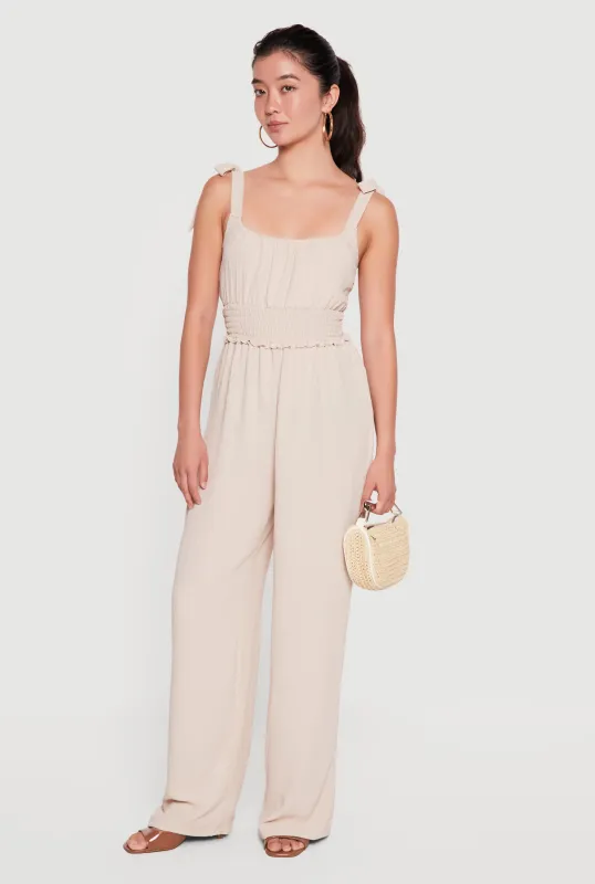 Smocked Waist Sleeveless Tie Shoulder Jumpsuit made by Rainbow