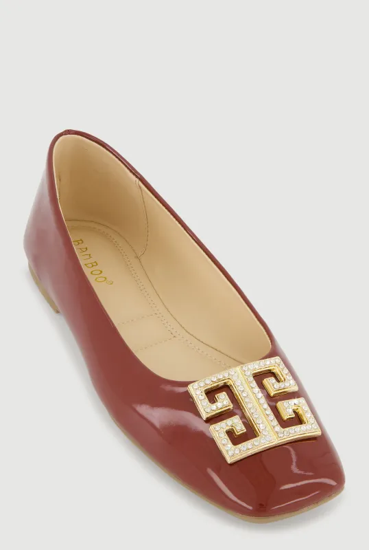 Rhinestone Greek Key Pendant Faux Leather Flats made by Rainbow