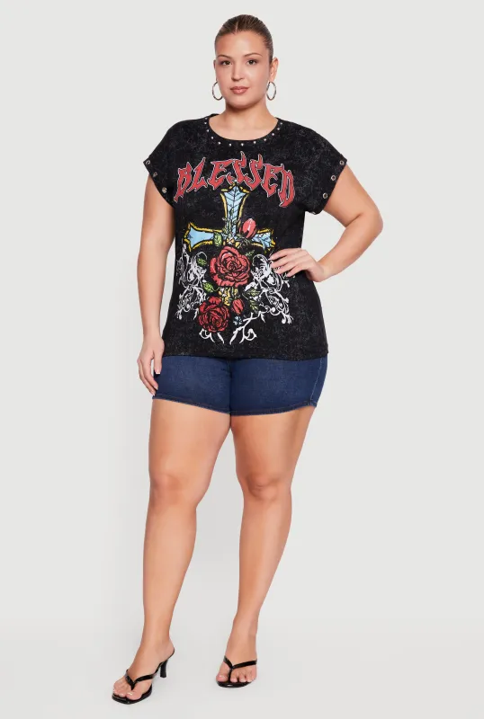 Plus Size Acid Wash Blessed Graphic Grommet Sleeve Tee made by Rainbow