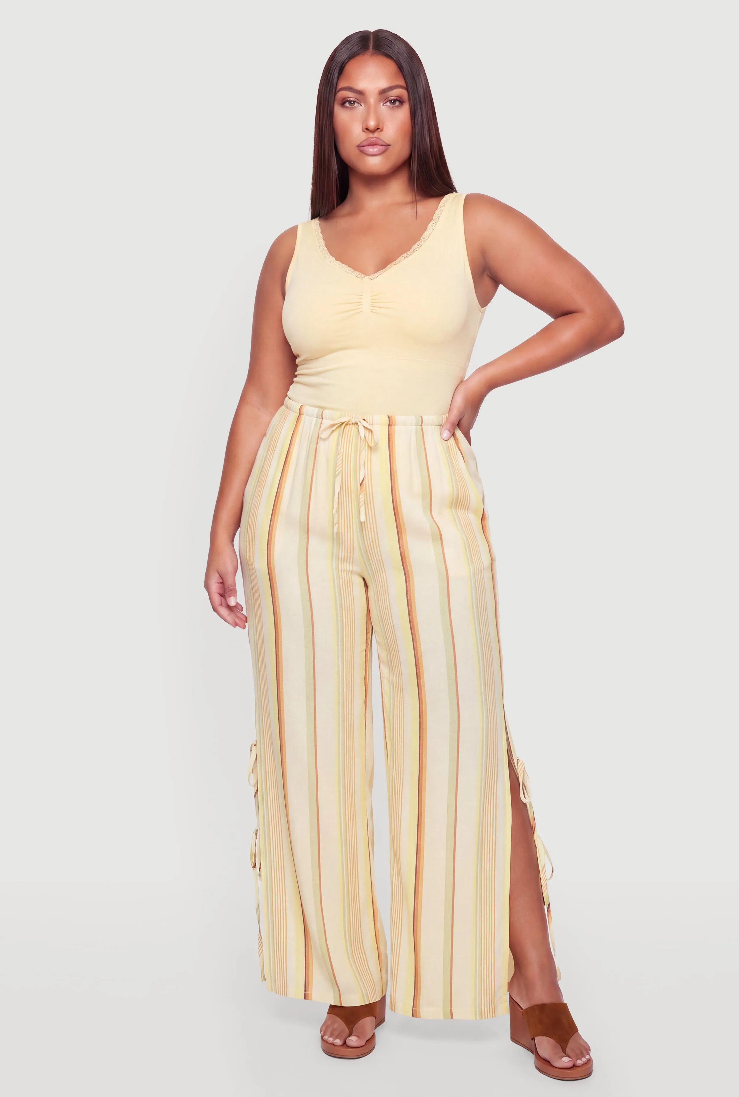 Plus Size Patterned Side Slit Bow Detail Wide Leg Pants sold by Rainbow