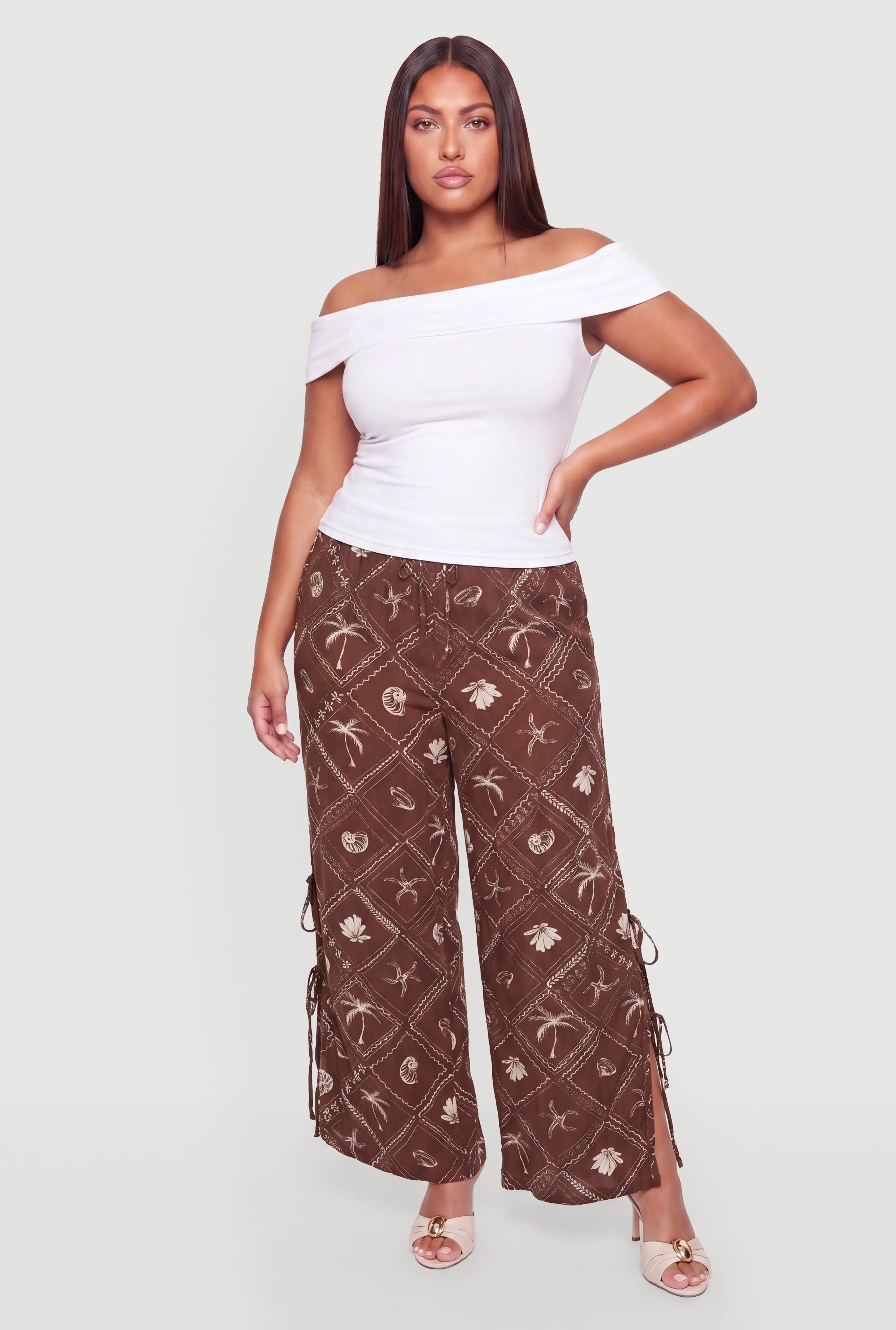 Plus Size Patterned Side Slit Bow Detail Wide Leg Pants sold by Rainbow product image thumbnail 2