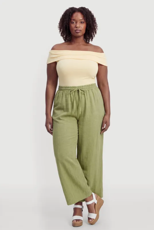 Plus Size Drawstring Waist Wide Leg Casual Pants made by Rainbow