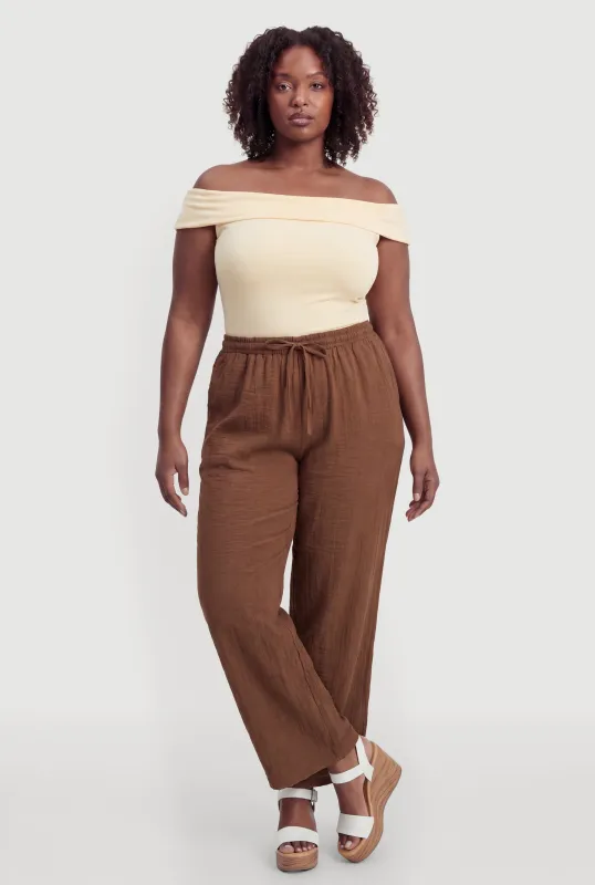 Plus Size Drawstring Waist Wide Leg Casual Pants made by Rainbow