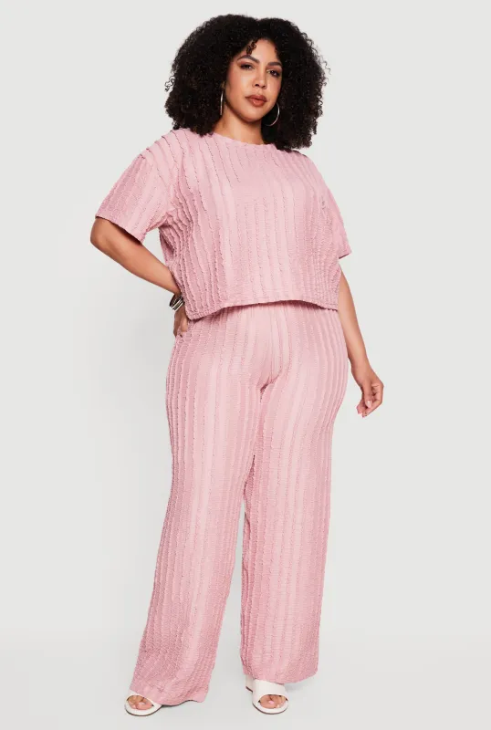 Plus Size Textured Knit High Waisted Wide Leg Casual Pants made by Rainbow