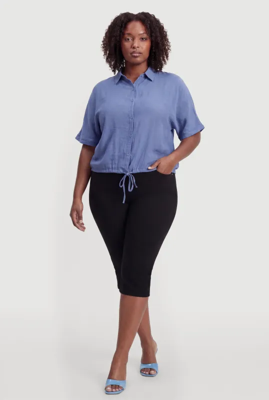 Plus Size Drawstring Hem Button Front Shirt made by Rainbow
