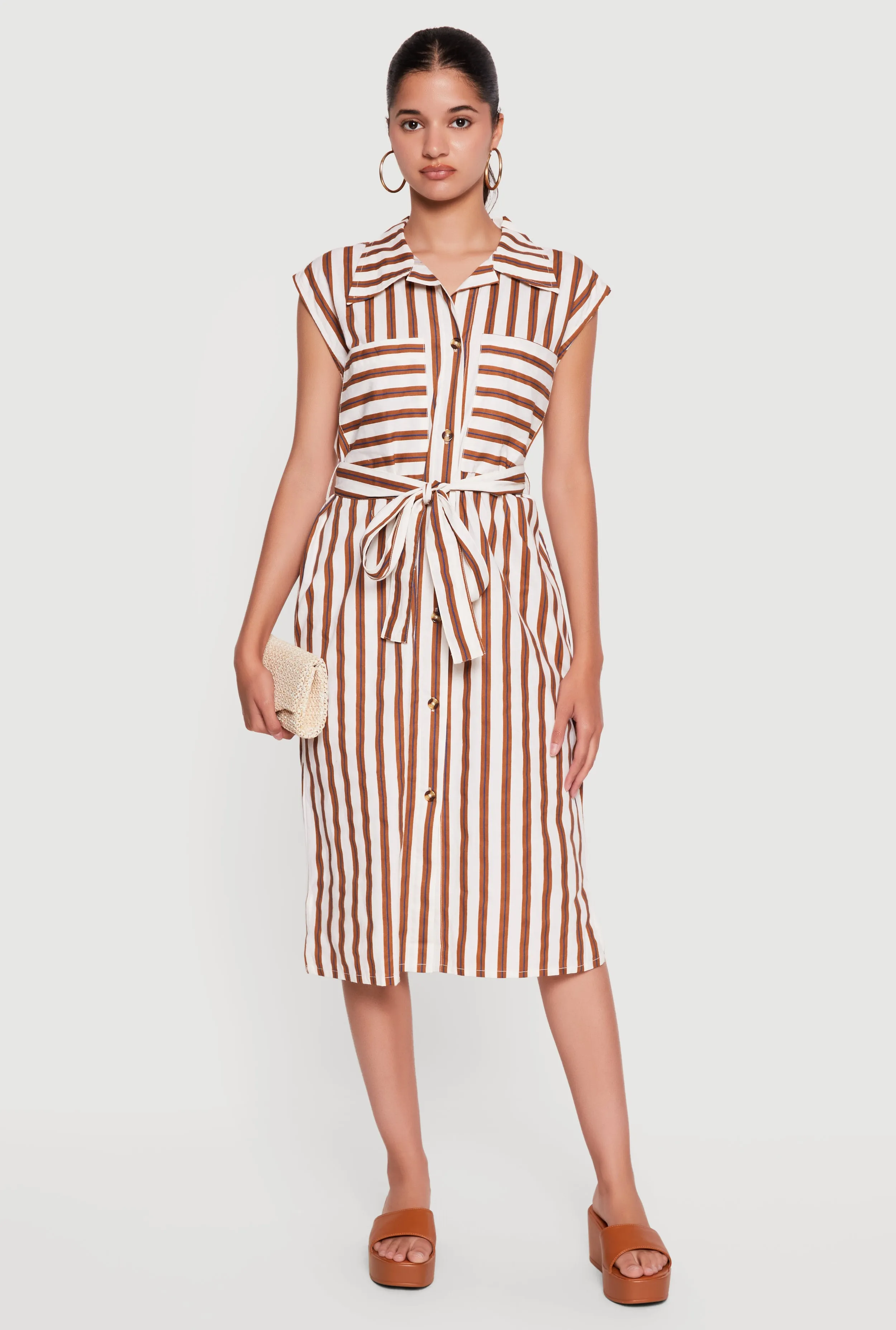 Striped Midi Shirt Dress with Tie Waist Belt sold by Rainbow