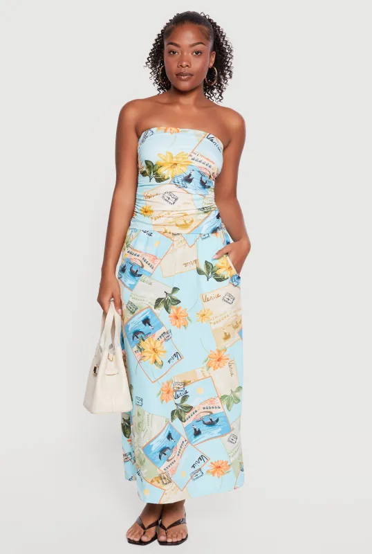 Floral Postcard Graphic Side Ruched Tube Dress with Pockets made by Rainbow