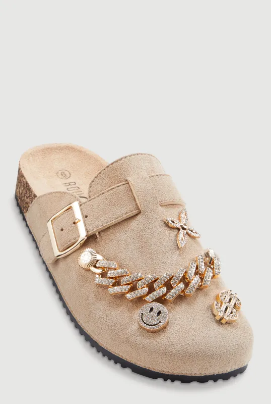 Chain Link Rhinestone Charm Faux Suede Clog Mules made by Rainbow