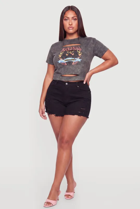 Plus Size Acid Wash Rock and Roll Graphic Laser Cut Crop Top made by Rainbow
