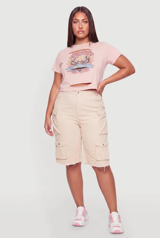 Plus Size Acid Wash Rock and Roll Graphic Laser Cut Crop Top made by Rainbow