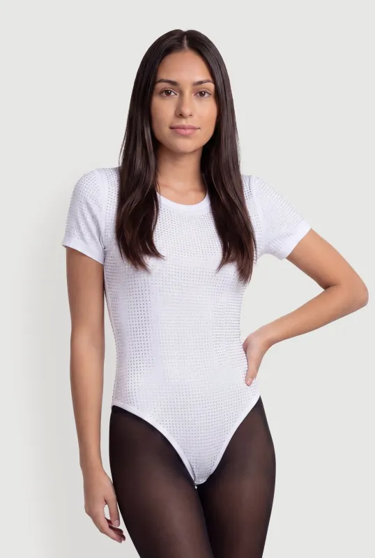 Rhinestone Short Sleeve Crew Neck Bodysuit made by Daisy