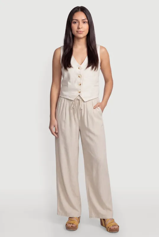 Linen Drawstring Waist Wide Leg Pants made by Haute Monde
