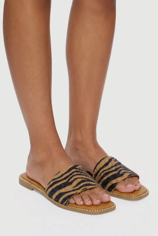Animal Print Rhinestone Detail Slide Sandals made by Rainbow