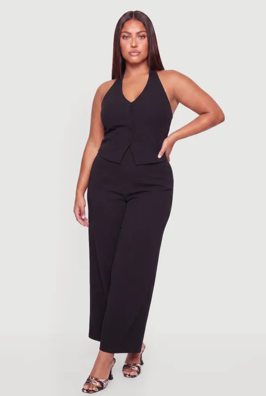 Plus Size Tie Back Halter Neck Button Front Wide Leg Jumpsuit made by Almost Famous