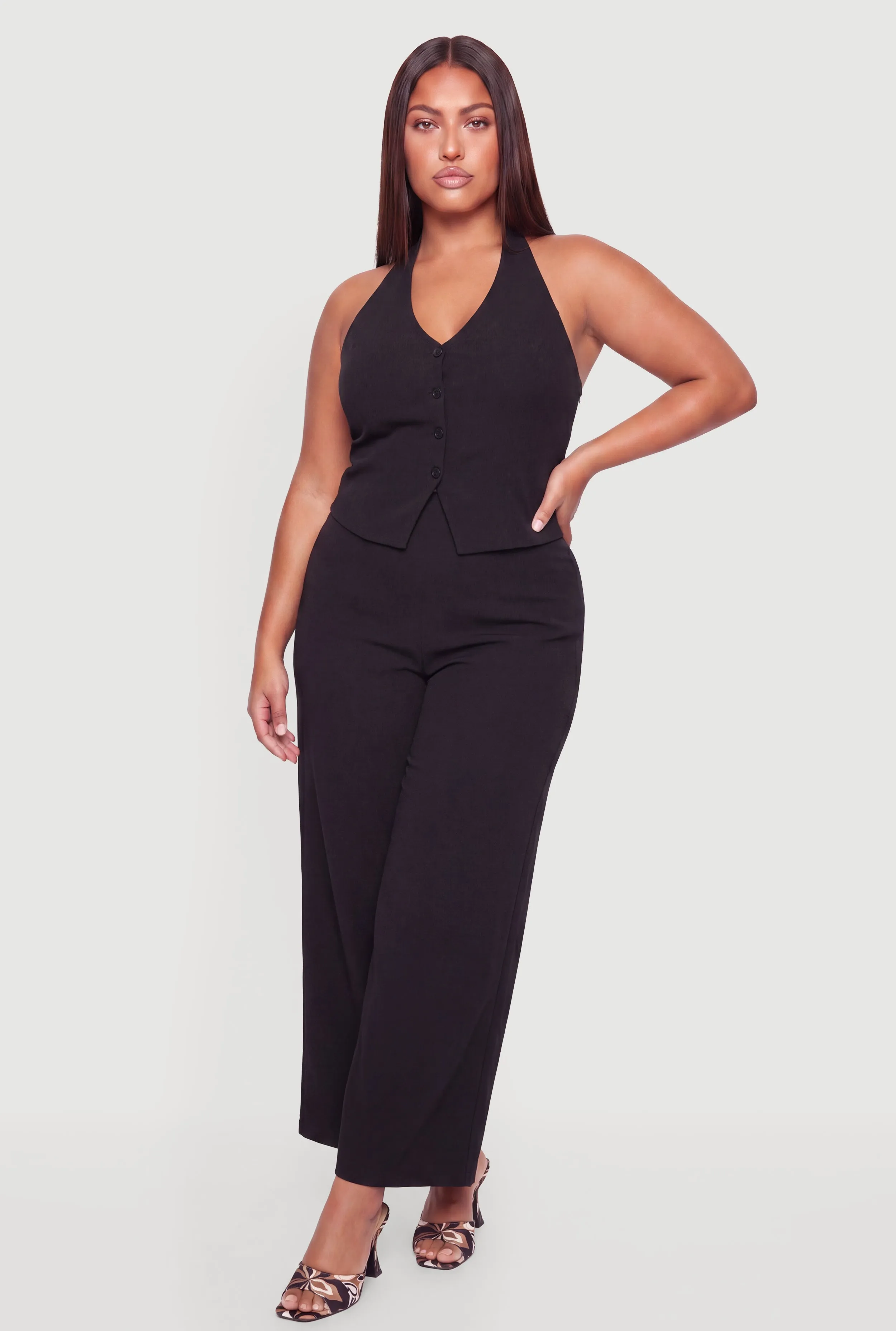 Plus Size Tie Back Halter Neck Button Front Wide Leg Jumpsuit sold by Rainbow