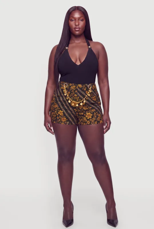 Plus Size Chain Detail Patterned High Waisted Shorts made by Rainbow