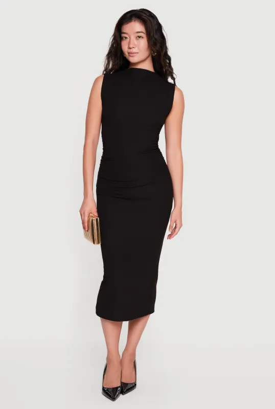 Mock Neck Side Ruched Sleeveless Midi Dress made by iris