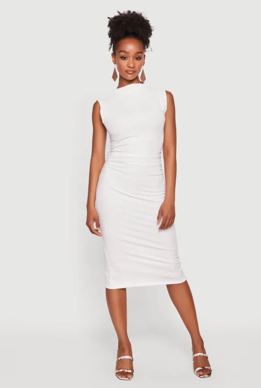 Mock Neck Side Ruched Sleeveless Midi Dress made by iris