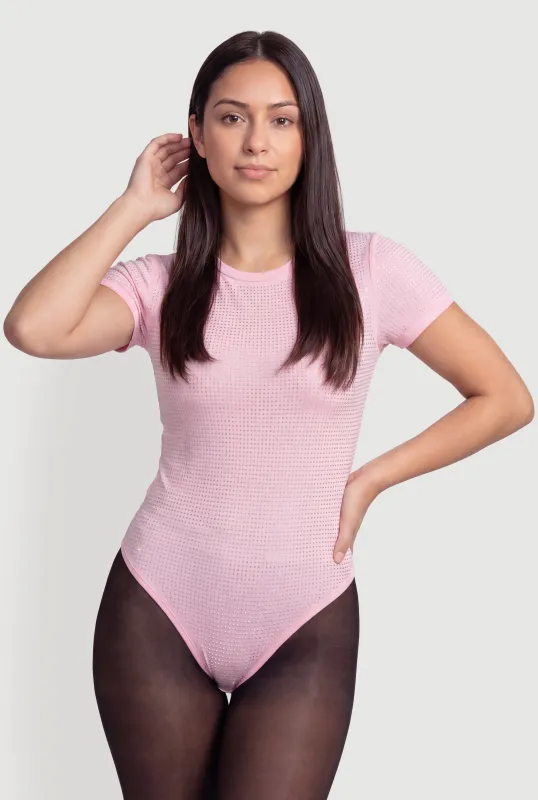 Rhinestone Short Sleeve Crew Neck Bodysuit made by Daisy