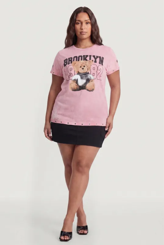 Plus Size Brooklyn 1982 Teddy Bear Graphic Grommet Detail Tee made by Rainbow