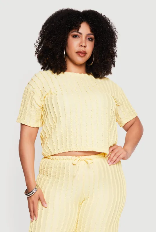 Plus Size Textured Knit Short Sleeve Crop Top made by Rainbow