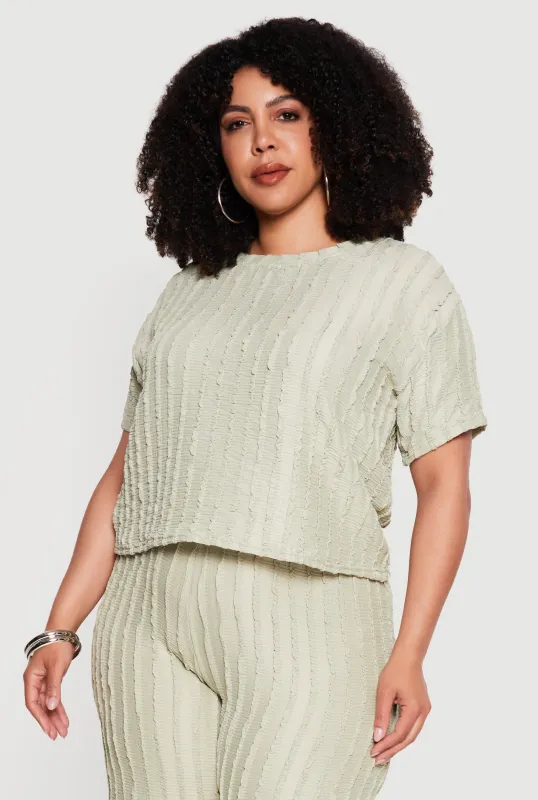 Plus Size Textured Knit Short Sleeve Crop Top made by Rainbow