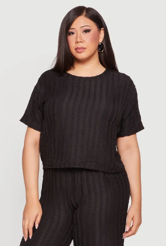 Plus Size Textured Knit Short Sleeve Crop Top made by Rainbow