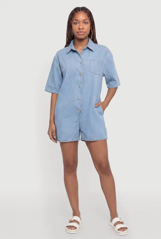Short Sleeve Pocket Denim Romper made by Rainbow