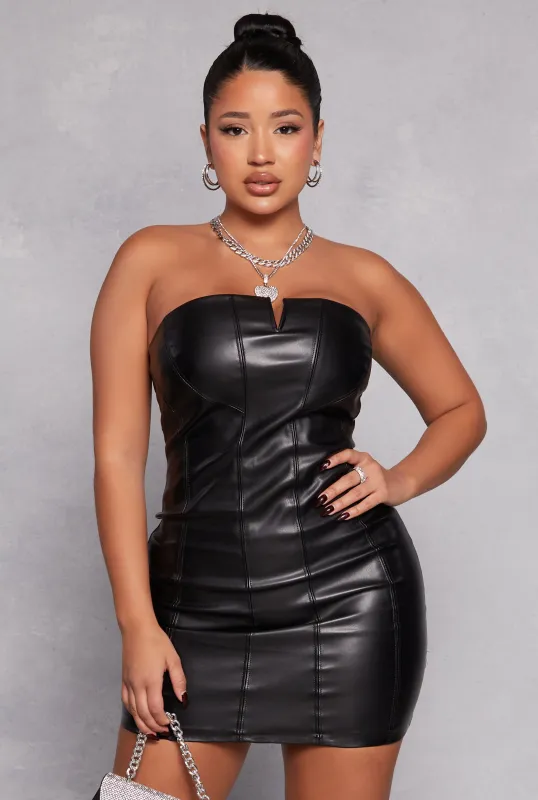 Iris Faux Leather Notch Neck Tube Dress made by iris