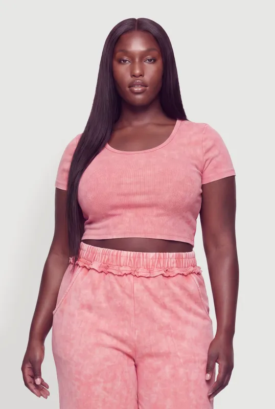 Plus Size Acid Wash Short Sleeve Crop Top made by Rainbow