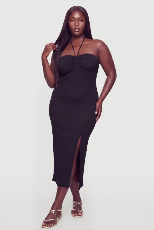 Plus Size Beaded Halter Neck Side Slit Maxi Dress made by Madden Girl
