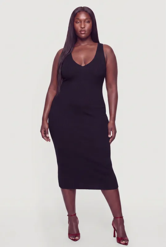 Plus Size Solid Sleeveless V-Neck Midi Dress made by Rainbow